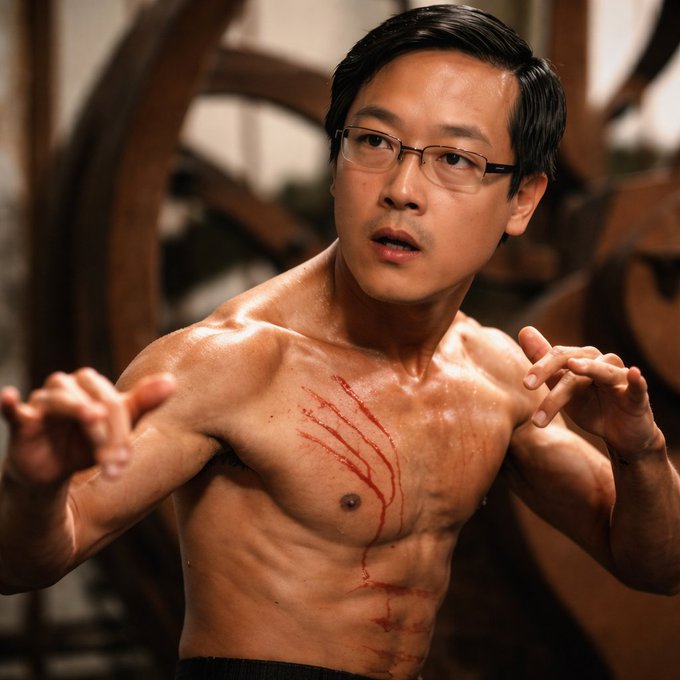 A shirtless, lean man with glasses and claw-mark scratches bleeding across his chest strikes a fierce martial arts pose in what appears to be an industrial setting. The image humorously personifies the classic playground boast "My dad can beat up your dad" by visually depicting a "dad" as a battle-scarred fighter ready for combat.