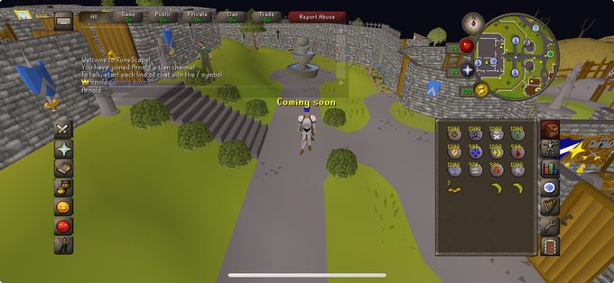 A screenshot from the video game Old School RuneScape featuring a player character in a stone courtyard with chat messages, a minimap, and an inventory interface visible.