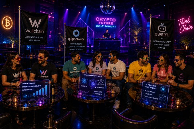 The image shows a group of six people sitting around tables at a bar, with some holding up banners for a Crypt project called "Crypto.io". The people are wearing t-shirts that say "Wallchain" or "WALCHAIN", indicating their support for the project. The setting appears to be a dimly lit room with neon lights and a stage in the background, suggesting an event or gathering related to the Crypt project.

The image also contains text that reads: "Good Night Friend Three under-the-radar projects that feel like they're quietly building the next layer of crypto infrastructure. Not the usual hype just real problems getting solved in ways most people haven't fully connected yet". This phrase is likely a reference to the Crypt project and its underlying technology, which focuses on solving real-world problems rather than relying on hype or marketing buzzwords.