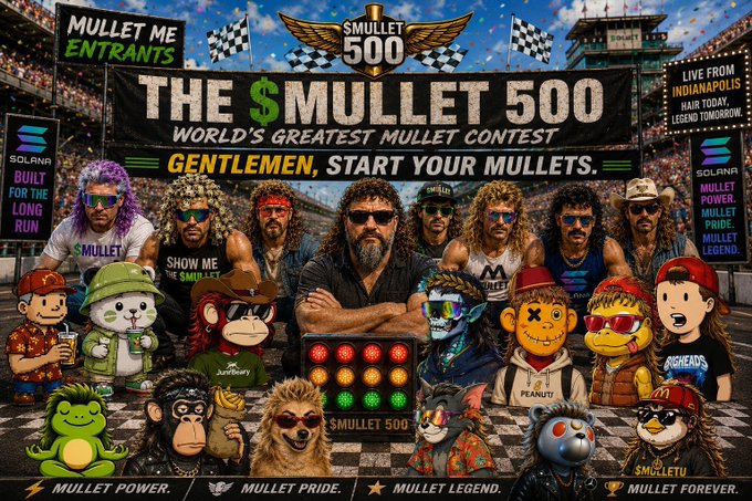 A promotional graphic for 'The Smullet 500: World's Greatest Mullet Contest' featuring various cartoon characters, real people, Solana branding, and a 'Live from Indianapolis' hair legend sign.