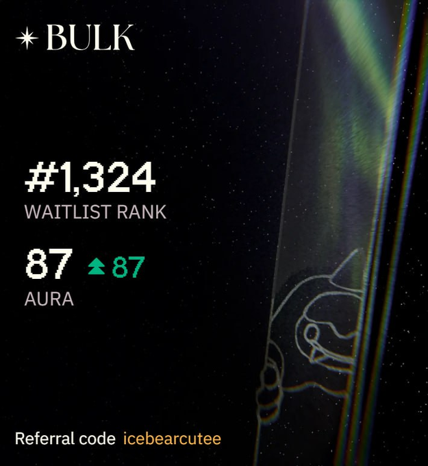 The image depicts a black background with a poster featuring a polar bear and some stars. The poster contains information about a reward called "Icebearcutee" that has been distributed to the first 100,000 people who signed up for the bulk rewards account. The code of reference for this reward is "ICLEBEARCUTTE", which can be used to access the details of the reward or to refer others to it. Additionally, there are numbers and text related to a ranking system called "WALIST Rank". These numbers indicate the order in which the rewards have been given out to participants who signed up for the bulk account. The poster is set against a dark background with stars visible through some cracks.