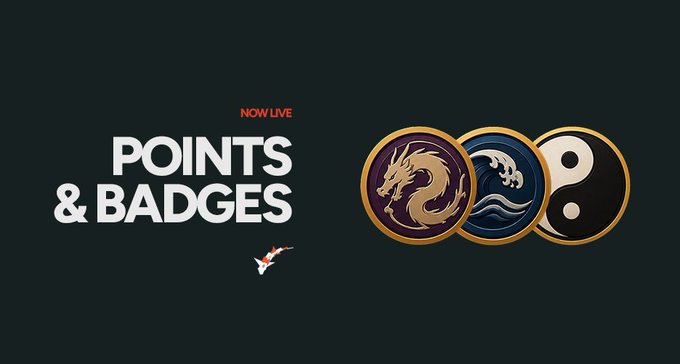 The image promotes the "POINTS & BADGES" feature (marked "NOW LIVE") for Onchain Koi, displaying three gold-rimmed achievement medallions featuring a koi dragon, a wave motif, and a yin-yang symbol — visually representing the new points and collectible badge system mentioned in the post.