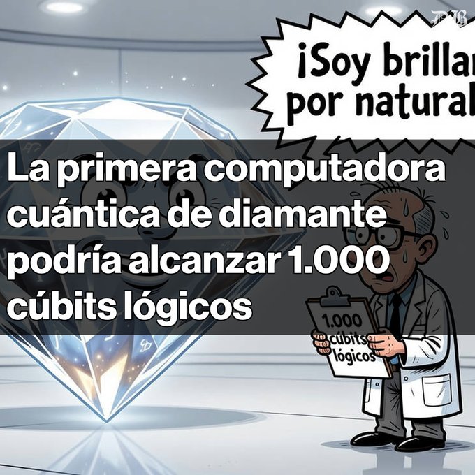 A cartoon image with Spanish text 'La primera computadora cuántica de diamante podría alcanzar 1.000 cúbits lógicos', showing a diamond and a scientist character with a speech bubble saying '¡Soy brillante por natural!'
