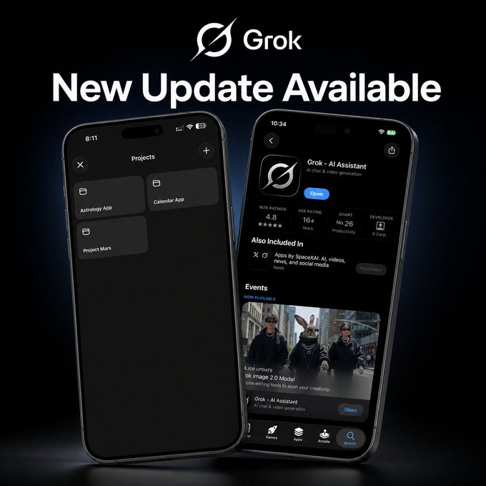A promotional graphic with the text 'Grok New Update Available' showing two smartphones displaying the Grok AI Assistant app interface.