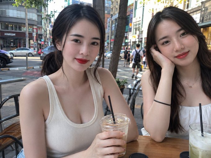 Two young women smiling at an outdoor café table, each holding an iced beverage with black straws.