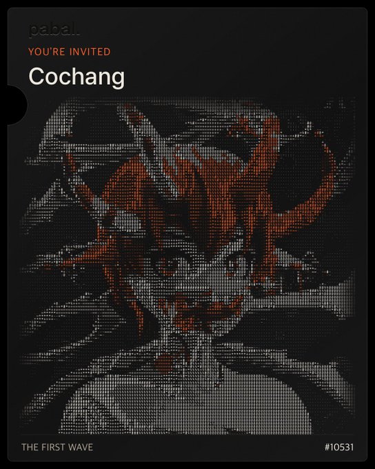 A dark digital invitation card displays a pixelated, mosaic-style portrait in red and grayscale tones of a woman with short hair and dripping details. Text on the card reads "pabal", "YOU'RE INVITED", "Cochang", "THE FIRST WAVE", and "#10531", matching the user's post about securing Rider #10531 in Pabal's first wave along with three drop codes.