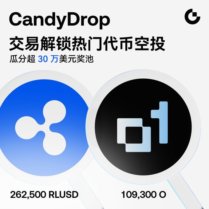 Gate.io's CandyDrop airdrop promotional image highlighting the 262,500 RLUSD and 109,300 O token rewards, matching the post's details about sharing an over $300,000 prize pool through trading and other tasks.