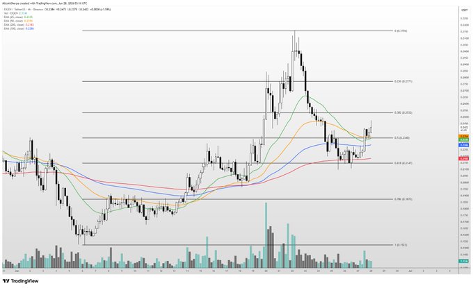 The image shows a TradingView candlestick chart of EIGEN/USD with EMA (9, 20, 50) and VWAP indicators, where the price recently broke above the 0.5 Fibonacci retracement level (~0.2637) following a significant rally from lows around 0.1923. The post aligns with the chart as it highlights a successful trade setup on EIGEN, with the price action confirming a bullish move above key resistance after consolidation.