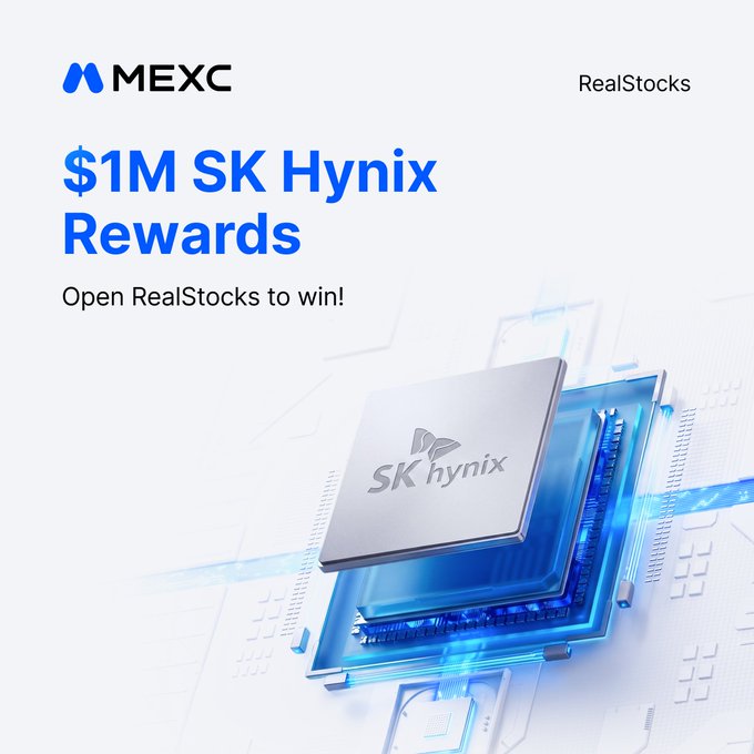 A MEXC promotional banner for '$1M SK Hynix Rewards' featuring an image of a SK hynix computer chip.