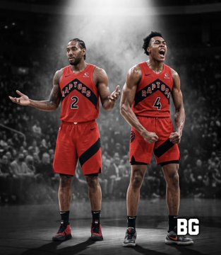 The image features two Toronto Raptors players, wearing jerseys numbered 2 and 4, depicted in an animated style on a basketball court, which visually complements the post's mention of Immanuel Quickley (jersey 4) and Scottie Barnes (jersey 2) forming part of a potential "Big 4" for the Raptors to compete in the Eastern Conference playoffs.