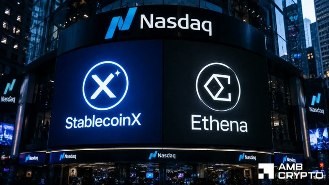 The image shows a Nasdaq digital display featuring the logos of "StablecoinX" and "Etena" (Ethena), reflecting the SPAC merger and subsequent Nasdaq listing of StablecoinX under the ticker $USDE, backed by Ethena's $275 million ENA treasury.