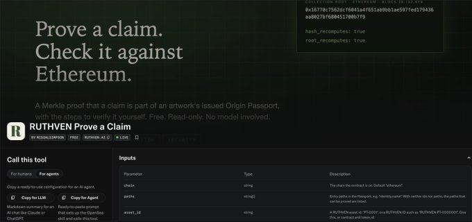 A webpage screenshot of a tool titled 'Prove a claim. Check it against Ethereum' named 'RUTHVEN Prove a Claim', showing input parameters like chainId, paths, and asset_id for an Ethereum Merkle proof.