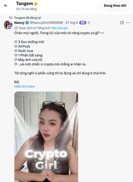 A Vietnamese Facebook post by 'Nancy' complaining about men messaging her late at night using crypto-related pick-up lines, shared by Tangem, with a selfie labeled 'Crypto Girl' showing a woman in a hotel.
