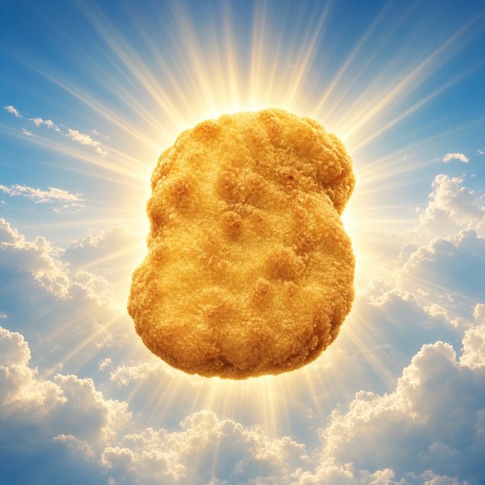 A crispy fried chicken nugget radiates with heavenly golden sunbeams above the clouds, symbolizing the divine status of $TENDIES as a foundational meme coin in the Robinhood crypto culture.