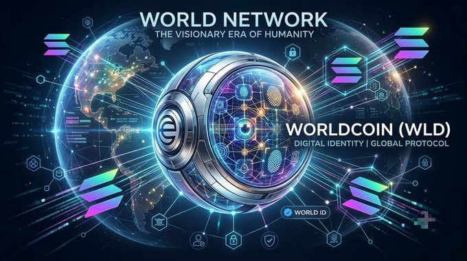 A promotional graphic titled 'WORLD NETWORK - THE VISIONARY ERA OF HUMANITY' for 'WORLDCOIN (WLD)' described as a 'DIGITAL IDENTITY | GLOBAL PROTOCOL', featuring a futuristic vault and digital globe imagery with Solana and World ID logos.