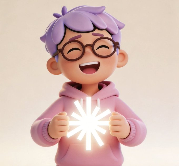 A 3D animated character with purple hair, round glasses, and a pink hoodie smiles joyfully while holding a glowing white starburst shape in their hands.