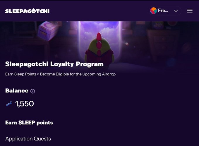 The image shows the Sleepagotchi Loyalty Program page displaying a Sleep Points balance of 1,550, with text noting "Earn Sleep Points > Become Eligible for the Upcoming Airdrop" and an "Application Quests" section, aligning with the post about earning $SLEEP rewards for healthy sleep habits ahead of the airdrop.