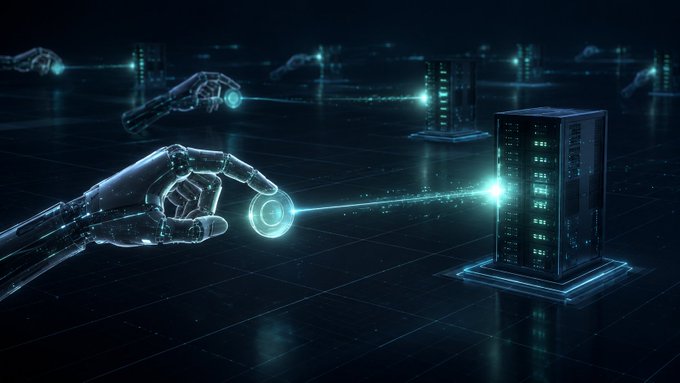 A futuristic digital scene depicts robotic hands interacting with glowing server towers through a holographic interface on a dark grid surface.