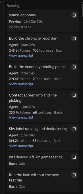 A dark-themed interface showing a list of running coding agents with details including task names, durations, token usage, and tool usage counts.