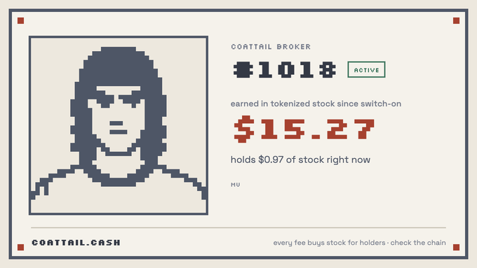 A pixel art profile card for 'CORTRAIL BROKER' with ID '#1018' marked 'ACTIVE', showing '$15.27 earned in tokenized stock since switch-on' and 'holds $0.97 of stock right now', with 'CORTRAIL.CASH' at the bottom.