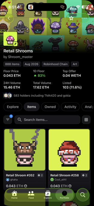 A mobile marketplace screen shows the “Retail Shrooms” collection by Shroom_master, with 383 holders, 888 items, a floor price of 0.043 ETH, and top offer of 0.04 ETH. It relates to “Higher” by highlighting elevated NFT collection activity and valuations.