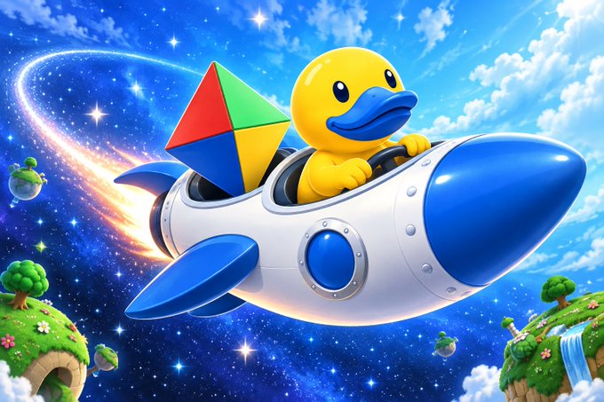 A cartoon yellow duck flies a blue rocket ship through a colorful outer space scene, with a multi-colored kite-like object beside it and small floating islands with trees in the background.