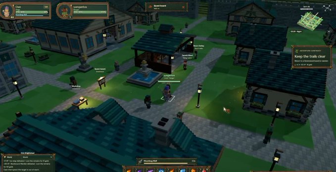 A screenshot of a 3D isometric MMORPG game showing a town scene with player characters, NPCs, and a quest tracker for 'Keep the trails clear' by Grendal.