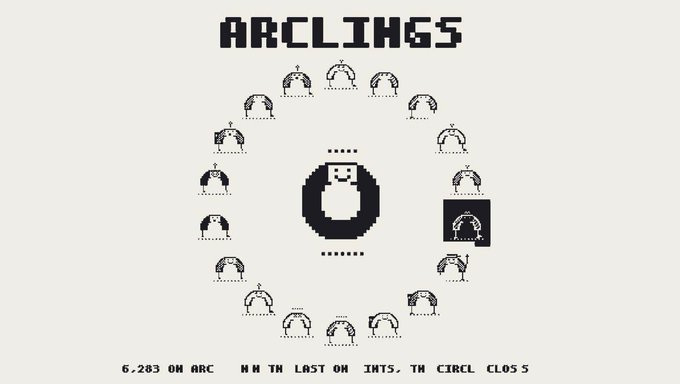 A pixel art video game screen titled 'ARCLINGS' shows a circular menu of arc-shaped characters with a central figure, with text reading '6.283 ON ARC' and 'WAIT THE LAST ON ENDS, THE CIRCLE CLOS S'.