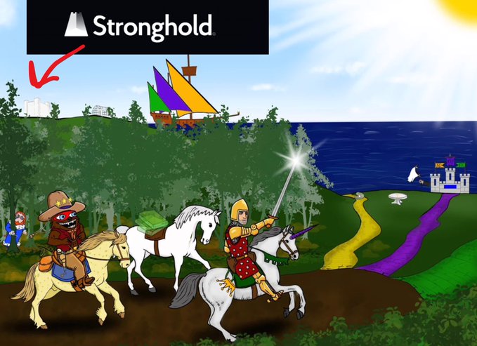 A cartoon fantasy scene shows knights on unicorns and horses riding through a forest toward a distant castle, with a pirate ship on the horizon and a "Stronghold" label with an arrow pointing to a white fortress in the background—visually tying the $SHx/Stronghold Pay token to a medieval stronghold as a symbol of security or stronghold-like reliability.