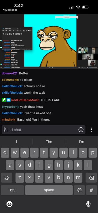 A livestream chat screenshot displays a cartoon monkey NFT image with viewers discussing 'THIS IS LARC' and 'Base' cryptocurrency, with an iPhone keyboard visible.