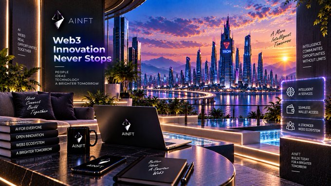 An AINFT promotional graphic titled 'Web3 Innovation Never Stops' featuring a futuristic cityscape with various AI and Web3 themed products.