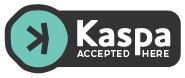 The image is a "Kaspa Accepted Here" badge featuring the Kaspa logo (a stylized 'K' in a teal hexagon) alongside bold white text on a black background. It serves as a visual identifier that merchants like @physio_schneck can display on their websites to signal they accept Kaspa cryptocurrency as payment.