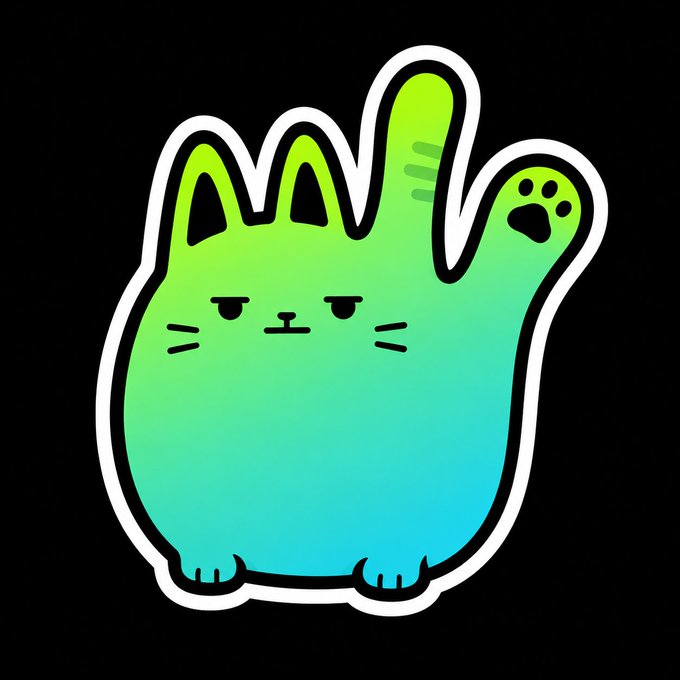 A green-to-blue gradient cartoon cat is depicted in a raised "stop" or "wave" gesture, with one paw displaying a paw print and the other making a peace sign, all rendered as a sticker-style illustration. The image cleverly visualizes the "FomoCat" token by embodying the FOMO sentiment through the cat's expressive, wave-like pose meant to attract attention and natural traffic.