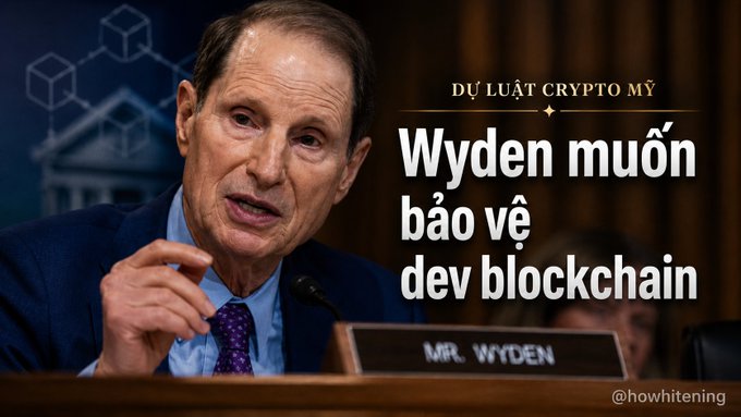 Senator Wyden speaks at a congressional hearing with a nameplate reading 'MR. WYDEN,' overlaid with Vietnamese text about US crypto law: 'Wyden muốn bảo vệ dev blockchain' (Wyden wants to protect blockchain developers), tagged @howhitening.