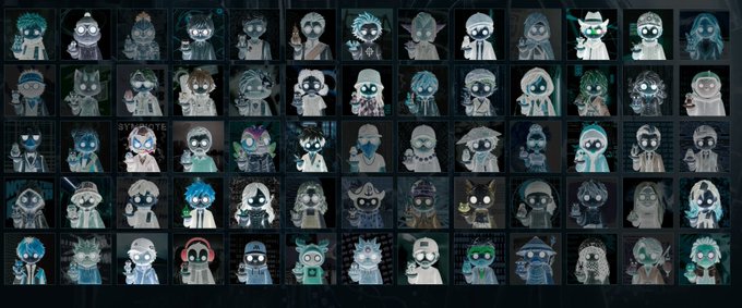 A grid displays numerous small avatar-style characters with varying hairstyles and accessories against a dark background.