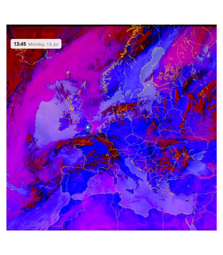 A satellite weather map timestamped "13:45 Monday, 13. ju" displays swirling purple and blue cloud formations, illustrating the type of meteorological data that informs the high-stakes Polymarket weather trading highlighted in the post.