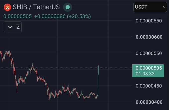 A cryptocurrency trading chart displays SHIB/TetherUS (USDT) with a current price of 0.00000505, showing a +20.53% increase (+0.00000086) with a dramatic price spike visible on the candlestick graph.