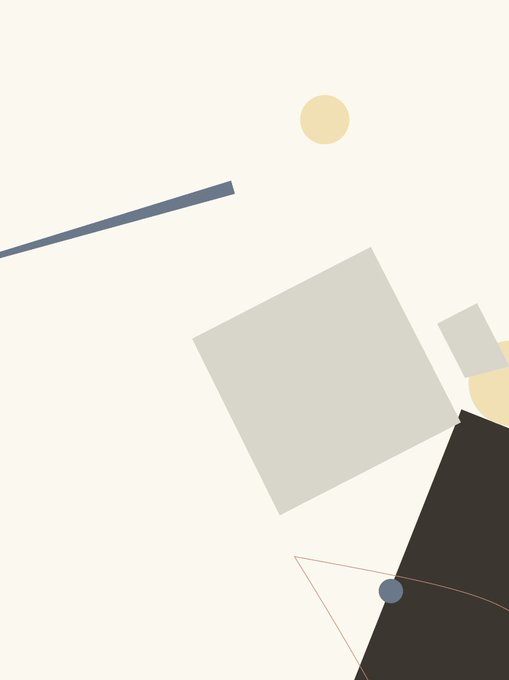 A minimalist abstract digital artwork featuring overlapping geometric shapes like squares, triangles, and lines in muted tones of grey, black, and beige.