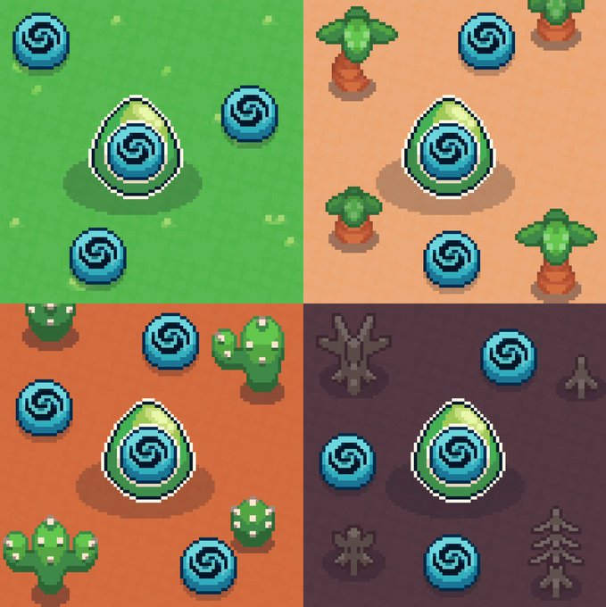 A 2x2 grid of pixel art showing Yakkamon Eggs in various environments (grassland, desert, orange terrain, and dark landscape) surrounded by smaller blue spiral orbs and green cactus-like creatures. The image illustrates the different Yakkamon Eggs from the Ronin blockchain game, which the post promotes as having generated over 1,110,000 RON in trading volume on the Ronin marketplace since becoming tradable.
