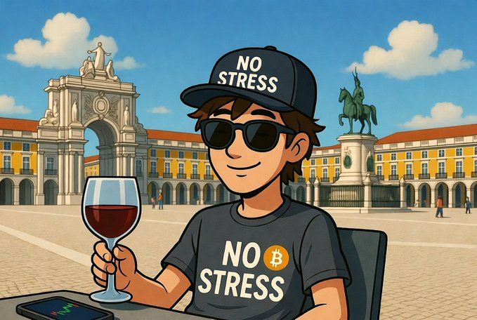 A relaxed cartoon character wearing a "NO STRESS" cap and matching t-shirt sips red wine at an outdoor café in Lisbon's Praça do Comércio, with a Bitcoin logo subtly displayed on the shirt. The image visually reinforces the post's message that Portugal remains a low-stress, tax-friendly haven for long-term crypto holders.