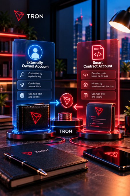 A stylized TRON promotional graphic comparing an “Externally Owned Account” and a “Smart Contract Account,” with devices, coins, and glowing blue and red interface panels.