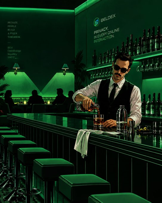 A bartender wearing sunglasses, a vest, and tie pours a drink in a green-lit bar with 'BELDEX PRIVACY IN EVERY ONLINE INTERACTION' displayed on the wall.