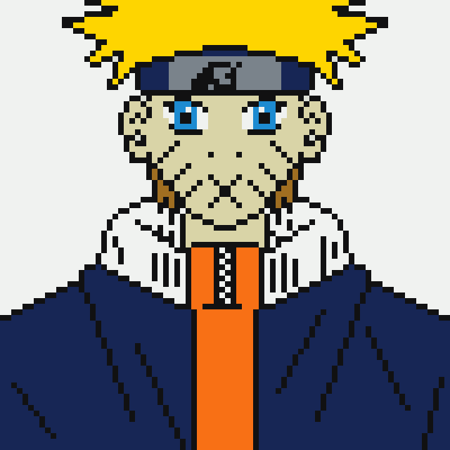 Pixel art portrait of an older man with spiky yellow hair, a headband, stubble, and a white-collared orange shirt under a dark blue jacket.