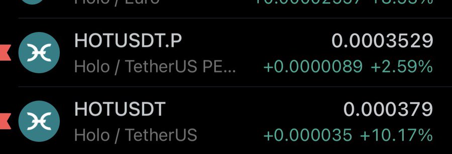 The image shows a cryptocurrency price comparison listing for HOLO/TetherUS, displaying two entries: "HOTUSDT.P" (Holo / TetherUS Perpetual) at 0.0003529 with a +2.59% increase, and "HOTUSDT" (Holo / TetherUS Spot) at 0.000379 with a +10.17% gain. This relates to the post by highlighting the notable price gap between HOT's spot and perpetual futures markets, with the spot price trading significantly higher than the perp.