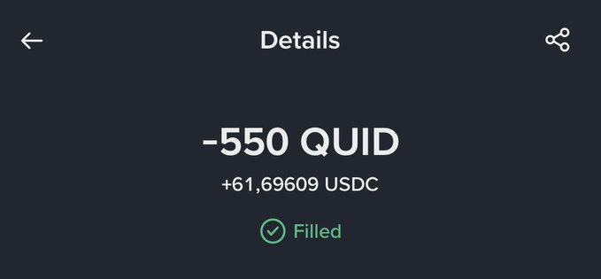This image shows a transaction detail for "-550 QUID" and "+61,69609 USDC" which has been "Filled", aligning with the post's gratitude for receiving USDC in exchange for QUID.