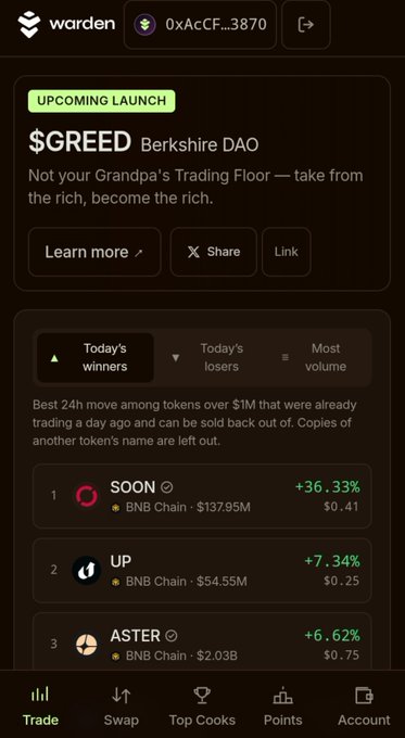 A screenshot of the 'warden' app displaying '$GREED Berkshire DAO' as an upcoming launch, with a leaderboard showing today's winners including SOON (+36.33%), UP (+7.34%), and ASTER (+6.62%).