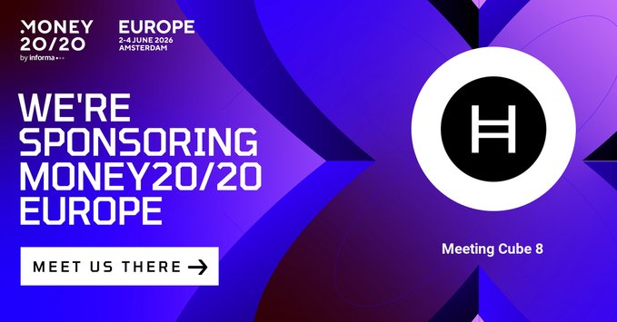 The image features a poster for an event called "Money20/20" that takes place in Amsterdam. The poster includes text promoting the event and inviting people to attend. It also mentions that there will be discussions around digital assets, tokenization, stablecoins, compliant payments, AI powered commerce, and Hedera.