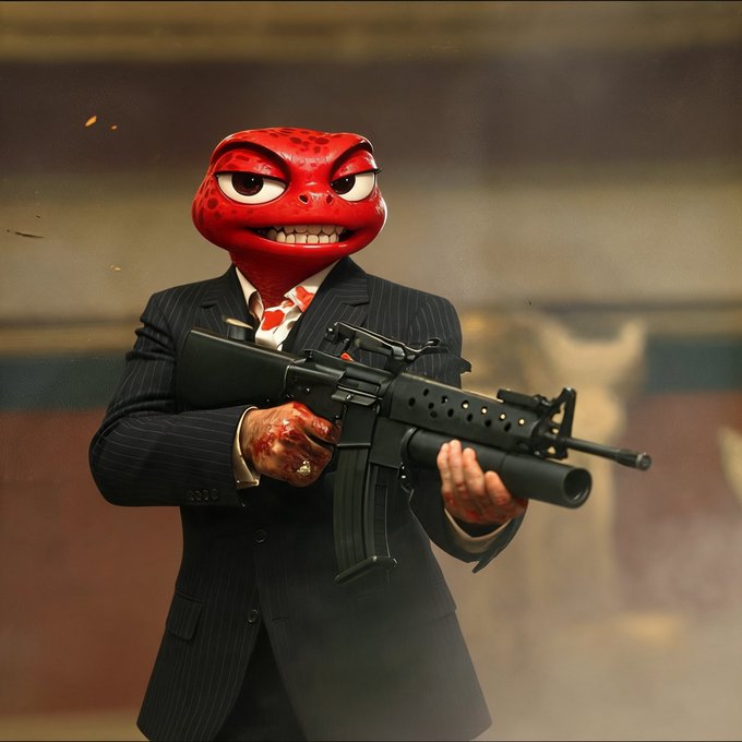 A character with a red textured head, grinning menacingly, wearing a pinstripe suit and tie while holding a rifle with blood on their hands.