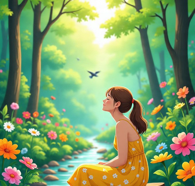 Digital illustration of a girl in a yellow floral dress sitting in a lush green forest by a stream, with colorful flowers and a bird flying in the background.