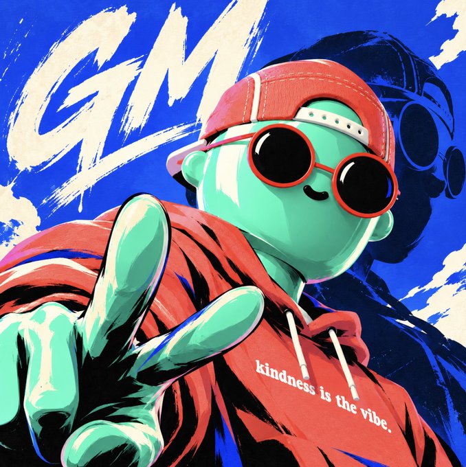 A colorful digital illustration of a green character wearing a red backwards cap, red sunglasses, and a red hoodie that reads 'kindness is the vibe.', set against a blue sky with 'GM' in bold brushstrokes.